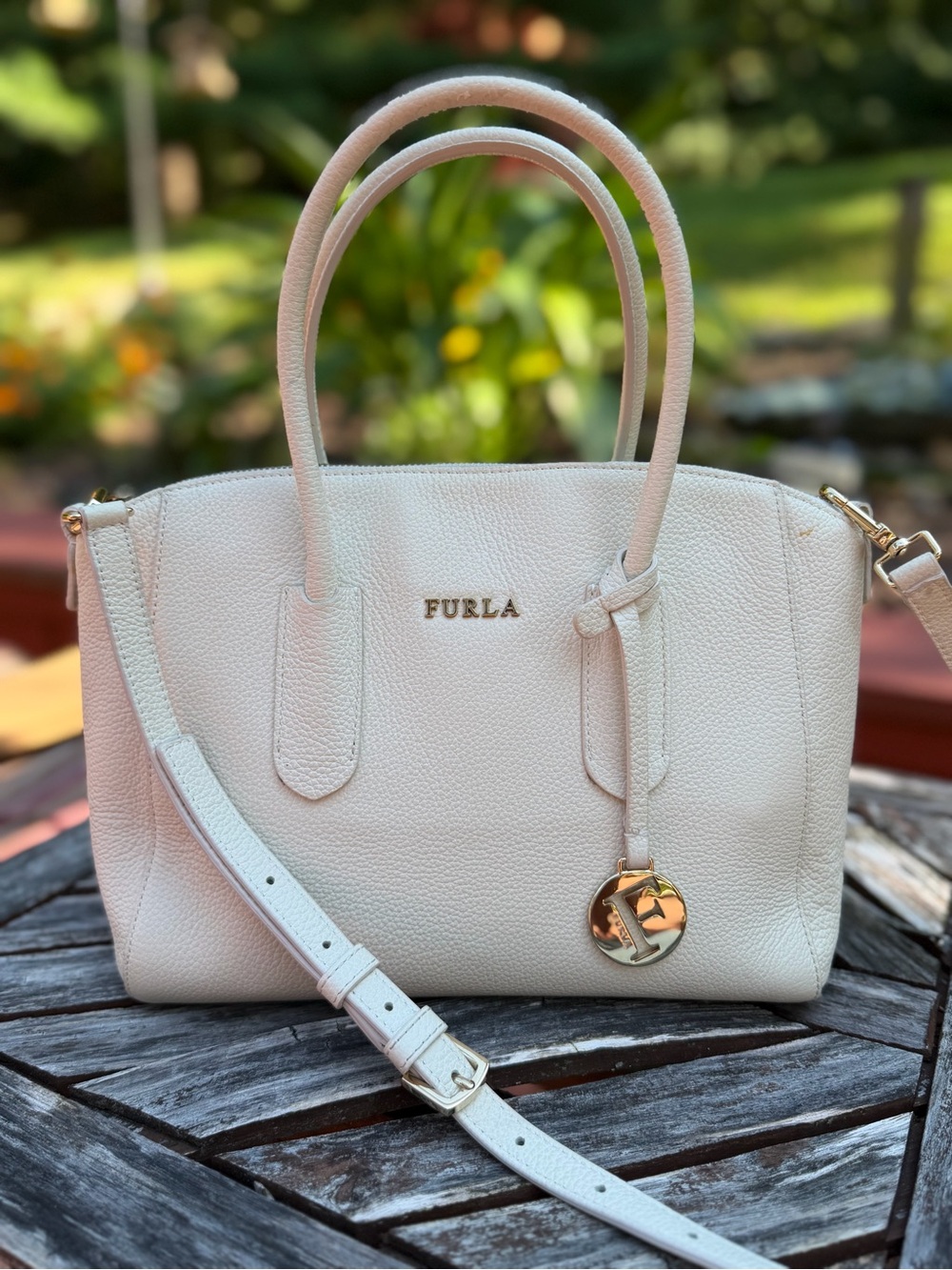 Furla Cream Tessa Two-Way Pebbled Leather Satchel with Gold Charm
